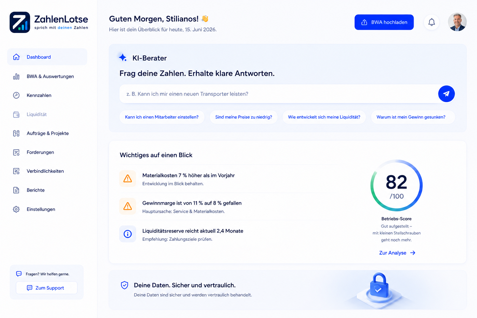 ZahlenLotse Dashboard – Übersicht und Betriebs-Score